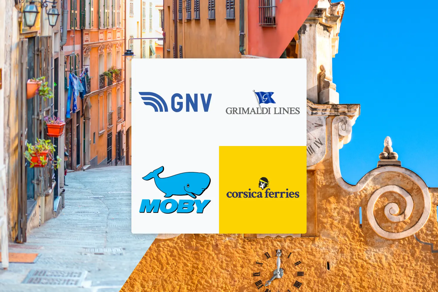 Sullo sfondo una città italiana e una marocchina, mentre in primo piano si vedono i loghi di quattro compagnie di traghetti.
