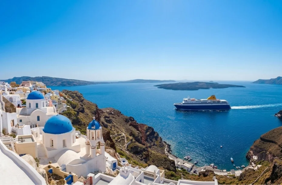 Traghetto convenzionale in arrivo al porto di Santorini