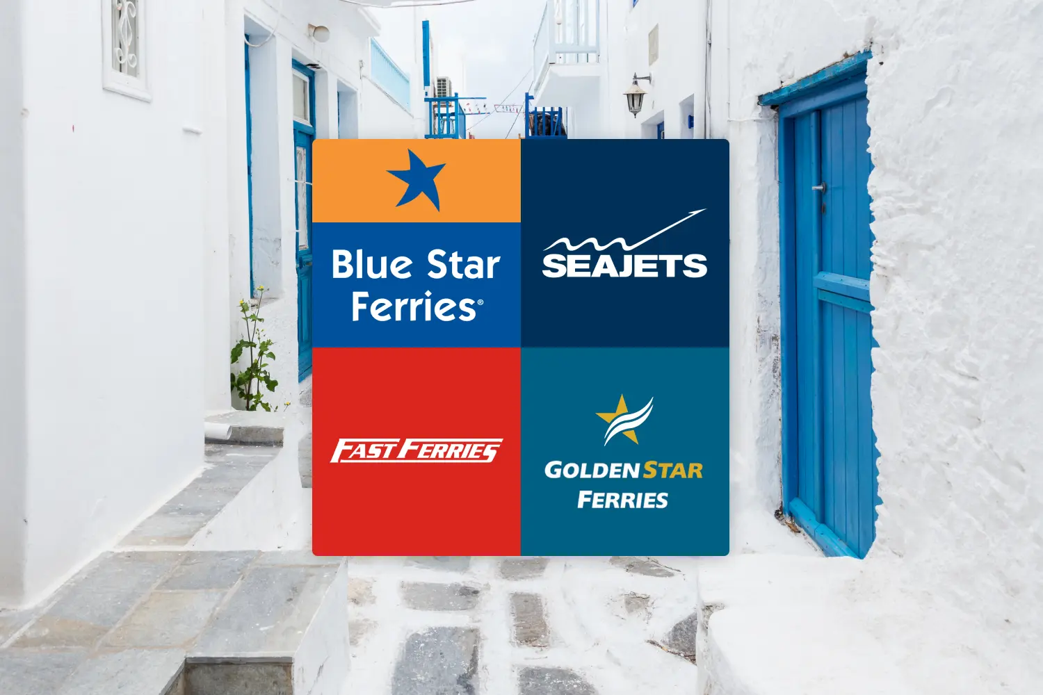 Sullo sfondo, uno stretto vicolo acciottolato di Mykonos, mentre in primo piano si vedono i loghi di quattro compagnie di traghetti greche.